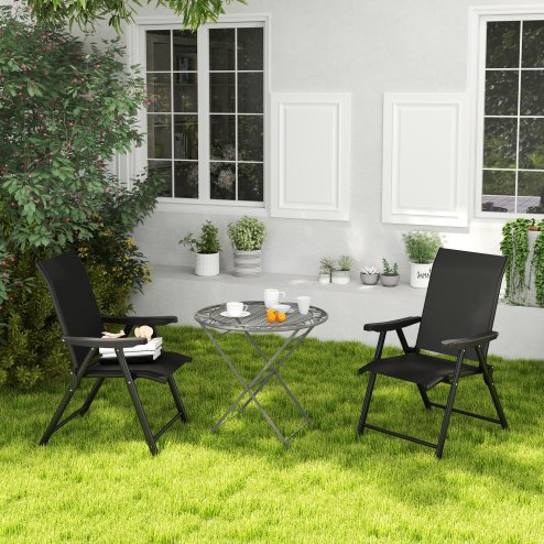 Outsunny Set of 2 Folding Chair, Garden Chair Set with Breathable Mesh Back and Seat, Outdoor Camping Chairs with Armrests, Steel Frame for Deck Balcony, Black