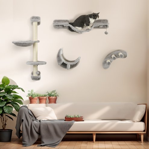 PawHut 4 Piece Cat Shelves, Cat Wall Furniture with Hammock, Scratching Posts, Soft Ladder, Steps, Jump Platforms, Cat Wall Shelves for Indoor Cats - Grey