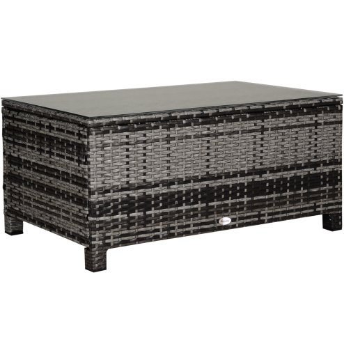 Outsunny PE Rattan Coffee Table, Rectangular Outdoor Coffee Table with Tempered Glass Top, 70 KG Capacity for Garden, Balcony, Terrace, Patio, Mixed Grey
