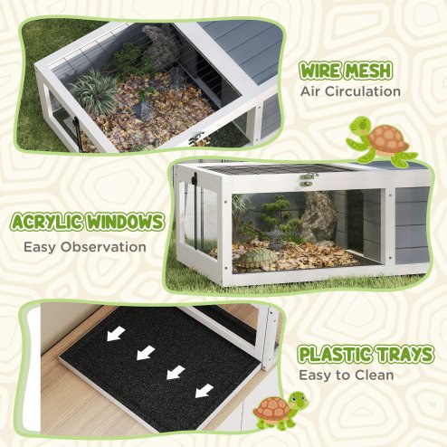 PawHut Tortoise House, Wooden Tortoise Table, Tortoise Enclosure with Adjustable Lamp Holder, Openable Lids, Pull-Out Trays - Grey