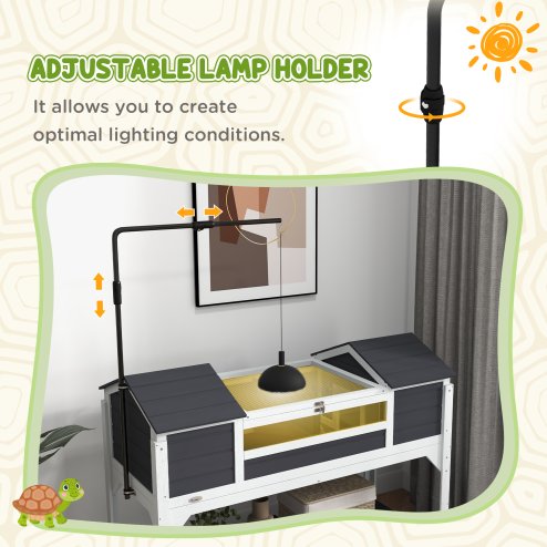PawHut Tortoise House, Wooden Tortoise Enclosure with Adjustable Lamp Holder, Tortoise Table with Openable Lid, Dual Main Houses, Storage Shelf, Basking Area, Fixed Tray - Grey