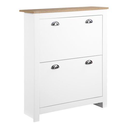 HOMCOM 2 Drawer Shoe Cabinet Modern Narrow Shoe Cupboard Hallway Wooden Storage Organiser with Flip Doors Adjustable Shelf for 12 Pairs, White