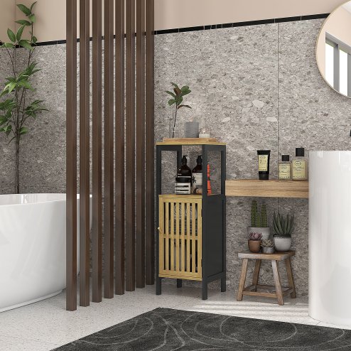 HOMCOM Slim Bathroom Storage Cabinet, Small Bamboo Bathroom Cabinet with Open Compartment and Adjustable Shelf