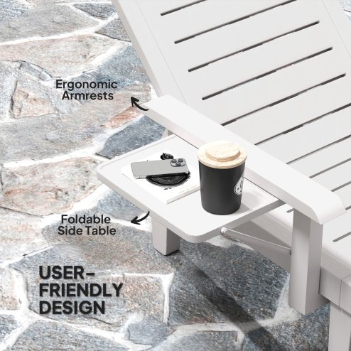 Outsunny Set of 2 Resin Reclining Sun Loungers for Garden, 5 Positions Adjustable Outdoor Chaise Lounge Chairs with Wood Texture Surface, Armrests, Foldable Side Table for Garden, Beach, White