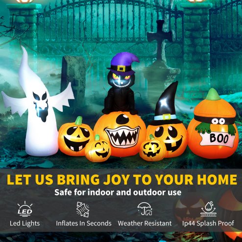 Outsunny 8 FT Halloween Inflatables Pumpkin Ghost and Cat Combo, Outdoor Halloween Decorations with 9 Built-in LEDs, Self-Inflating Blow Up Decor for Garden Party
