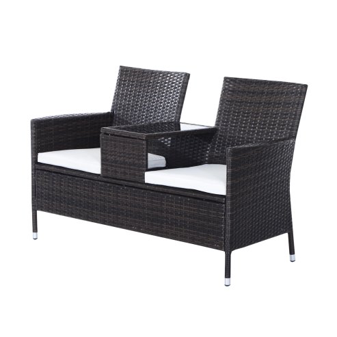 Outsunny 2 Seater Rattan Sofa with Cushions, Wicker Garden Loveseat with Armrests, Outdoor Garden Sofa Couch with Metal Frame for Patio, Brown