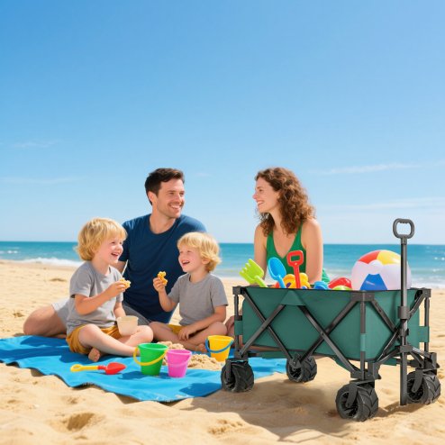 Outsunny 140L Festival Trolley on Wheels, Folding Camping Trolley Cart with Telescopic Handle, Big Wheels for Outdoor Garden Beach Fishing, Green