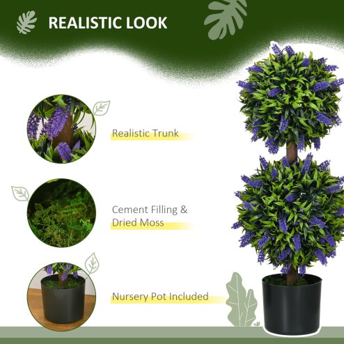 HOMCOM Set of 2 Decorative Artificial Plants Ball Trees with Lavender Flowers in Pot Fake Plants for Home Indoor Outdoor Decor, 70cm, Green