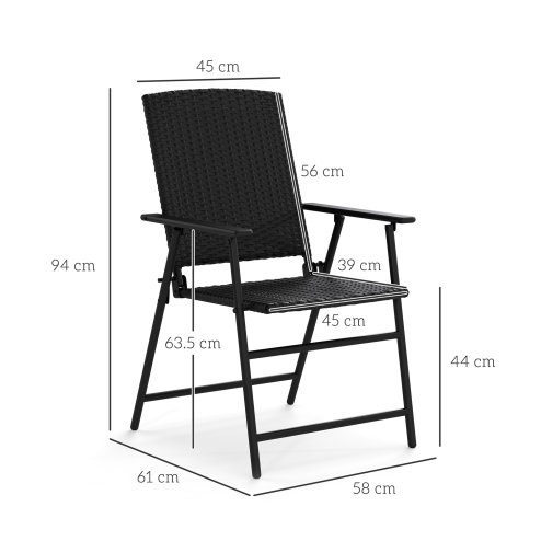 Outsunny Folding Garden Chairs Set of 2, PE Rattan Garden Dining Chairs with Armrests, High Back and Steel Frame, Weather Resistant Outdoor Dining Furniture for Patio, Balcony, Black