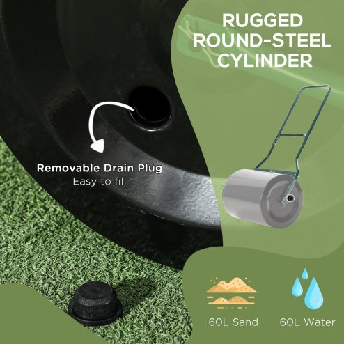 Outsunny 60L 50cm Steel Garden Lawn Roller Push Pull w/ Fillable Cylinder Water Sand Plug Lawn Flatten Seed Sow Rolling Drum w/ Handle