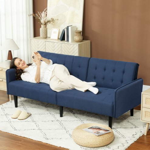 HOMCOM Click Clack Sofa Bed, Linen-Feel Fabric 3 Seater Sofa for Living Room/Spare Room/Guest Room, Bed Settee with Cup Holders