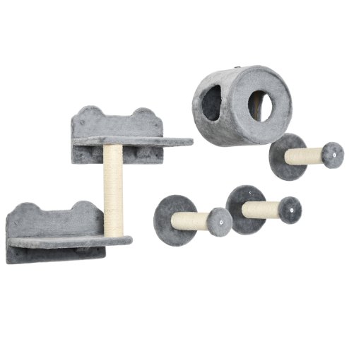 PawHut 5Pcs Cat Wall Furniture with Perch, Cat House, Scratching Post, Wall-Mounted Cat Tree for Indoor Cats - Grey