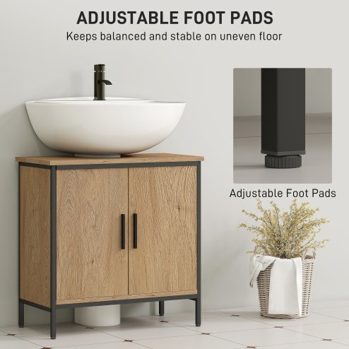 HOMCOM Under Sink Bathroom Cabinet, Industrial Freestanding Under Sink Cabinet with 2 Doors, Adjustable Shelf and Steel Frame for Basin without or with Pedestal, Oak