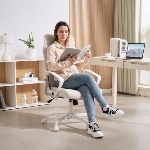 HOMCOM Executive Office Chair, Fabric Computer Desk Chair with High Back, Swivel Wheels, Armrest, Height Adjustable for Home, Cream White
