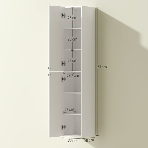 HOMCOM 300 x 1610 mm Wall Mounted Tall Bathroom Cabinet with Soft-Close Hinges, Slim Bathroom Storage Cabinet with 2 Doors, Modern Narrow Storage Cupboard, White