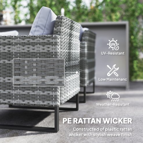 Outsunny 9 Piece Rattan Garden Furniture Set, 8 Seater Garden Corner Sofa with Cushions and Glass Top Table, Sectional Outdoor Furniture Conservatory Set for Patio, Light Grey