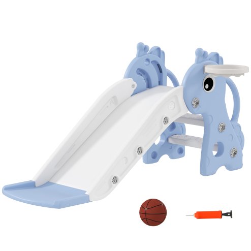 AIYAPLAY 3 in 1 Kids Slide, Giraffe Shape Toddler Slide with Climber, Basketball Hoop and Ball, Indoor Playground Equipment for Age 1-3, Blue
