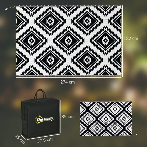 Outsunny Reversible Outdoor Rug with LED String Lights, Waterproof Plastic Straw Mat with Carry Bag for Garden, Deck, RV, Picnic, Beach, Camping, 182 x 274cm, Black and White
