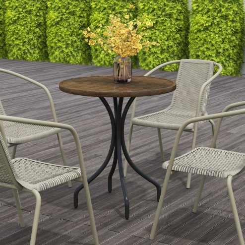 Outsunny 66cm Garden Side Table, Round Bistro Coffee Table, Outdoor Patio Table with Steel Frame and Slat Tabletop for Balcony and Porch, Brown Wood Grain
