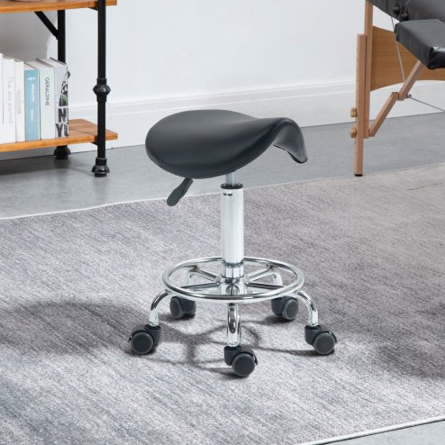 HOMCOM Saddle Stool, PU Leather Adjustable Rolling Salon Chair for Massage, Spa, Clinic, Beauty, Hairdressing and Tattoo, Black