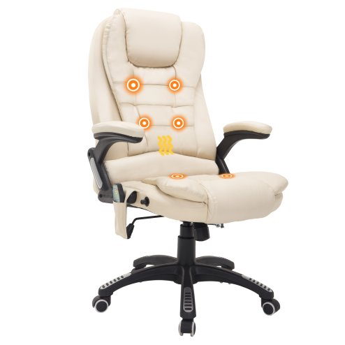 HOMCOM 6-Point Massage Office Chair with Seat Heated for Home Office, PU Leather High Back Executive Desk Chair with Adjustable Height and 360° Swivel for Work Study
