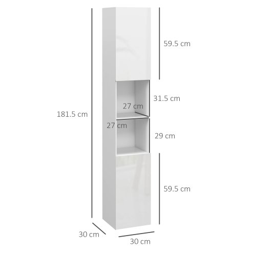 kleankin High Gloss Slim Bathroom Cabinet, Free Standing Bathroom Storage Cabinet with 2 Open Shelves, 2 Door Cupboards and Adjustable Shelves, White