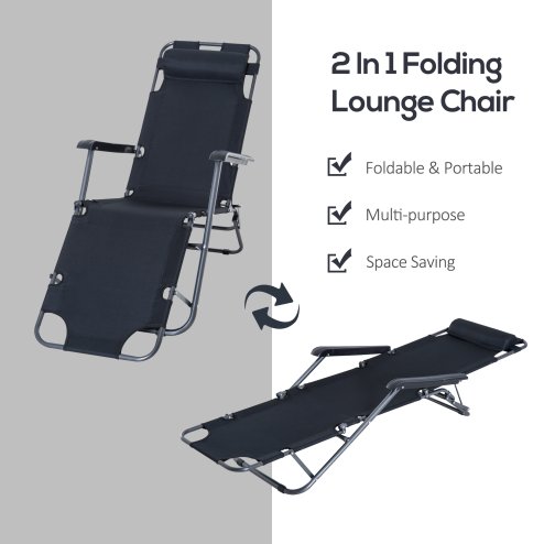 Outsunny 2 in 1 Folding Sun Lounger Reclining Garden Chair with 2-Level Adjustable Backrest, Outdoor Zero Gravity Recliner Garden Chair with Head Pillow and Armrests, Black