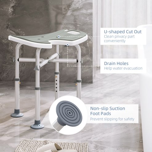 HOMCOM Height Adjustable Shower Stool with Suction Grab Rail, Aluminium Shower Chair with U-Shaped Padded Seat, Non-Slip Bath Stool for Elderly, Disabled, Seniors, Pregnant