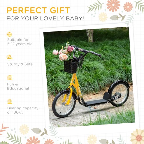 HOMCOM Kids Scooter, Kick Stunt Scooter with Adjustable Handlebar, Dual Brakes, Basket, Cupholder, Mudguard, 16