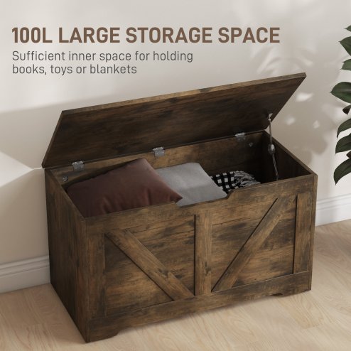 HOMCOM 100L Storage Chest, Storage Trunk with 2 Safety Hinges and U-shaped Cut-out Pull, Organiser Box for Living Room, Entryway, 80 x 40 x 45 cm, Rustic Brown