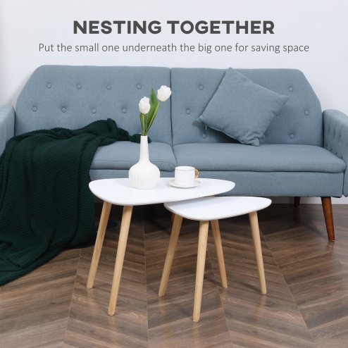 HOMCOM Nesting Coffee Table, Set of 2 Side Tables, Stacking End Tables with Solid Wood Legs, for Living Room Bedroom