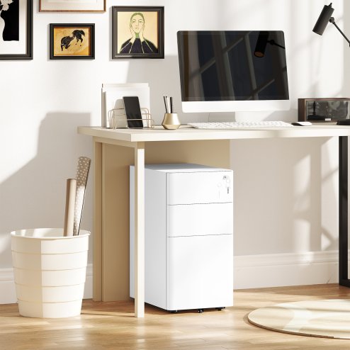 Vinsetto 3-Drawer Mobile Filing Cabinet, Steel Lockable File Cabinet for A4, Legal, Letter, Compact Under Desk Storage Unit with Pre-Assembled Body for Home Office, 30 x 45 x 59cm, White
