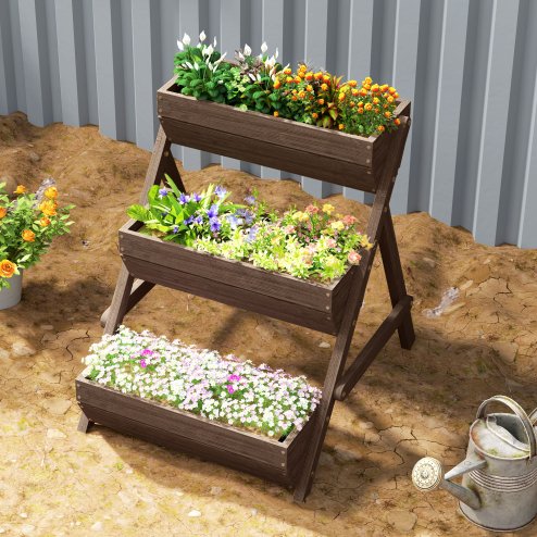 Outsunny 3 Tier 66L Raised Garden Bed Wooden Elevated Planter Box Kit for Flower, Vegetable, Herb, 65 x 75 x 76cm, Tan