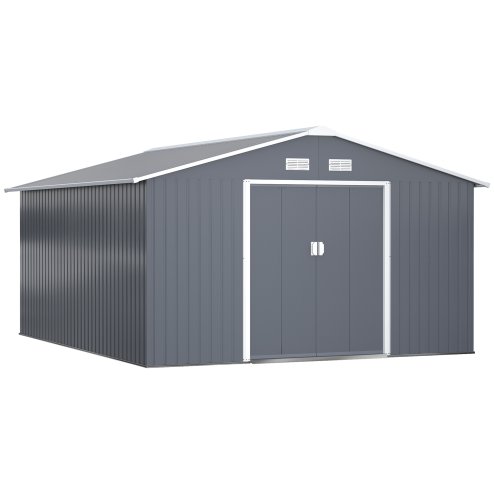 Outsunny 13 x 11ft Metal Garden Shed, Outdoor Storage Tool House with Ventilation Slots, Foundation Kit and Lockable Double Doors
