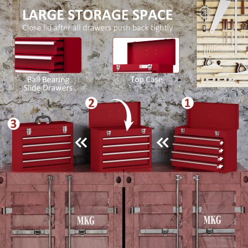 DURHAND 4 Drawer Tool Chest, Lockable Metal Tool Box with Ball Bearing Runners, Portable Toolbox, 510mm x 220mm x 395mm, Red