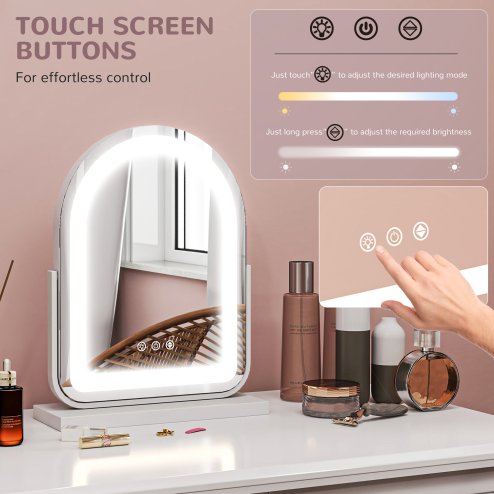 HOMCOM LED Vanity Mirror with Lights, 33 x 44.5cm Lighted Makeup Mirror with 3 Colour, 360 Degree Rotation, Touch Screen, for Bedroom and Dressing Room, White