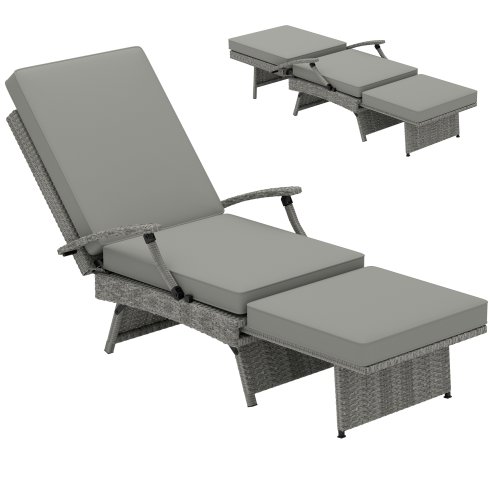 Outsunny Outdoor PE Rattan Recliner Chair with Cushion, Foldable Design Garden Recliner Chair with Retractable Footrest and Adjustable Back with 80 Degree Recline