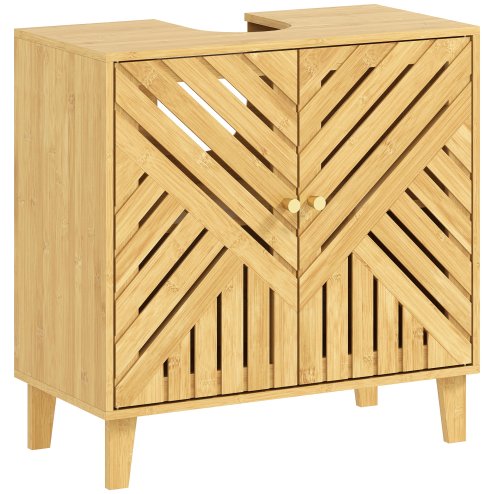 HOMCOM Under Sink Bathroom Cabinet, Bamboo Freestanding Under Sink Cabinet with Adjustable Shelf and Slat Doors for Basin without Pedestal, Natural