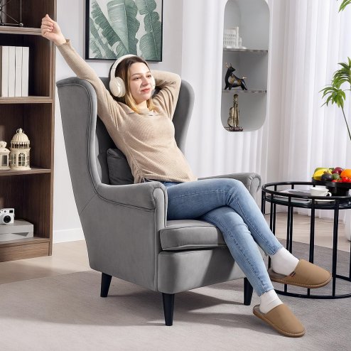 HOMCOM Modern Accent Chair, Upholstered Wingback Armchair with High Backrest and Pillow, Velvet-Feel Fabric Reading Chair with Solid Wood Legs for Living Room, Bedroom, Home Office, Dark Grey