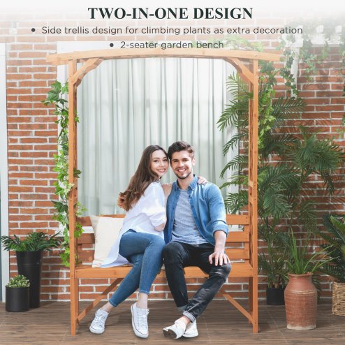 Outsunny Garden Bench, Arch Pergola with Natural Wooden Garden Arbour with Seat for Vines/Climbing Plants for Outdoor Space, Brown