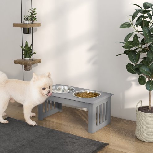 PawHut Raised Dog Bowl Feeding Bowls with Stand for Medium Dogs Elevated Pet Bowls Water Food Feeder 58L x 31W x 25H cm - Grey