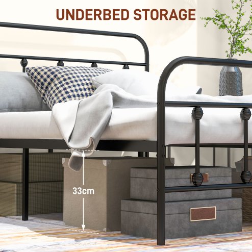 HOMCOM 4ft6 Double Bed Frame with Underbed Storage, Metal Platform Bed frame with Tall Headboard, Footboard and Steel Slat Support, No Box Spring Needed, Easy Assembly, Black