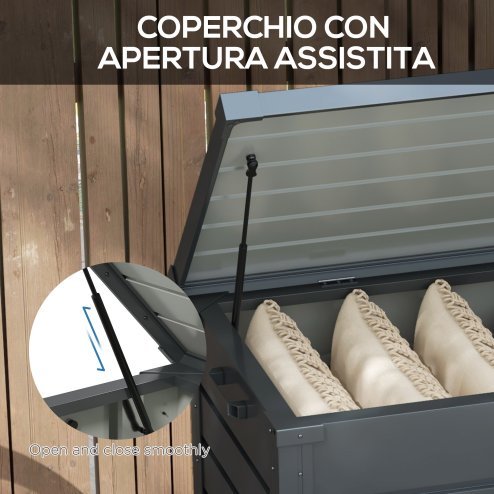 Outsunny 331 Litre Garden Storage Box, Waterproof Outdoor Storage Box with Wheels and Handles, Lockable Galvanised Steel Outside Deck Box Organiser for Tools, Cushions, Dark Grey