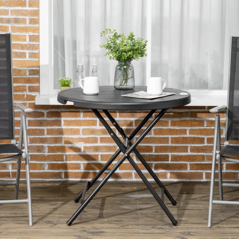 Outsunny Foldable Garden Dining Table, Round Outdoor Table with HDPE Tabletop and Steel Frame for Patio and Garden, Dark Grey