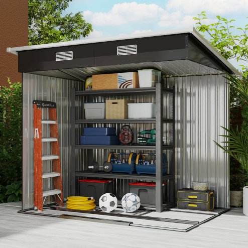 Outsunny 7 x 4ft Outdoor Storage Shed with Foundation Kit, Lean to Metal Garden Shed for Log, Rubbish Bin, Tool, Lawnmower, Bike, Patio and Lawn Use, Black