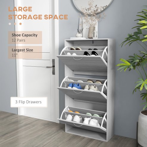 HOMCOM Narrow Shoe Cabinet, Slim Shoe Storage Cabinet with 3 Flip Drawers, 12 Pair of Shoes Organizer Hallway Entryway