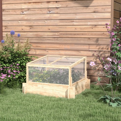 Outsunny Outdoor Raised Garden Bed with Cold Frame Greenhouse and Openable Top, Wooden Elevated Planter Box for Vegetables, Flowers and Herbs, 98x98x63.5cm