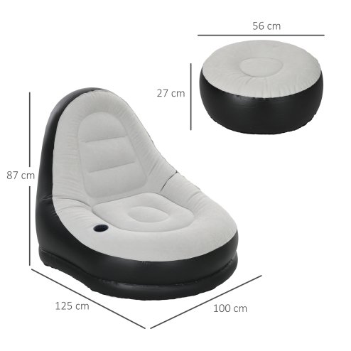 Outsunny Inflatable Chair and Footstool, Inflatable Sofa Lounger with Soft Plush Fabric and Cup Holder, for Camping, Gaming, Reading and Movie Watching, Grey