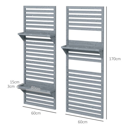 Outsunny Set of 2 Wall Mounted Plant Stand with Trellis, 170cm Wooden Plant Rack with Hanging Planter Shelves and Slatted Trellis for Climbing Plants, for Patio, Balcony, Porch, Grey