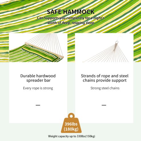 Outsunny Double Cotton Hammock Camping Swing Outdoor Garden Beach Stripe Hanging Bed with Pillow, 188 x 140 cm, 180 KG Capacity, Green